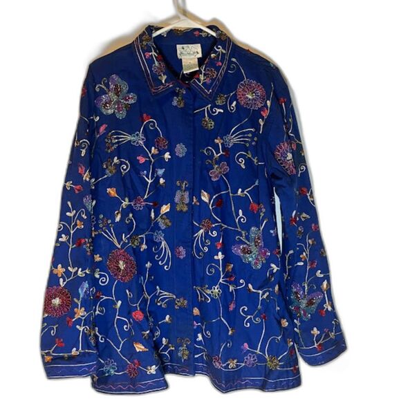 Vntg Quacker Factory Bohochic Embroidered & Beaded Butterflies Floral Jacket M - Picture 1 of 8